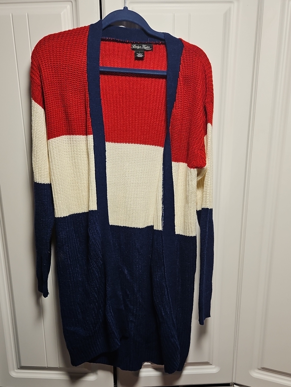 Evelyn Taylor Red, Cream & Navy Open-Front Colorblock Cardigan